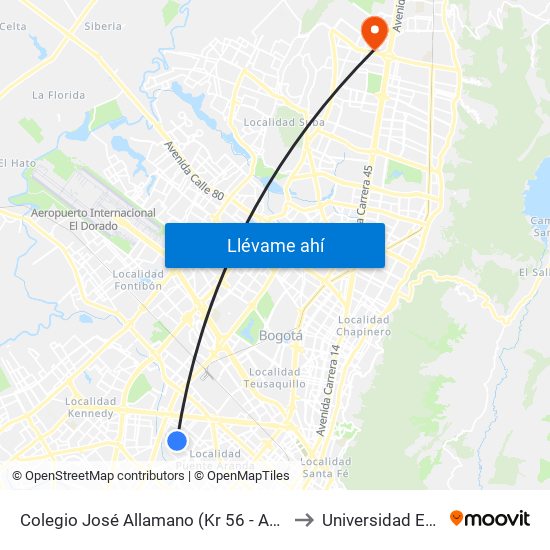 Colegio José Allamano (Kr 56 - Ac 3) to Universidad Ecci map