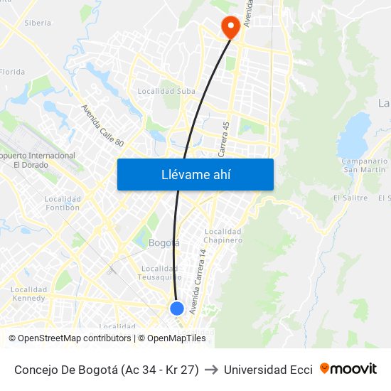 Concejo De Bogotá (Ac 34 - Kr 27) to Universidad Ecci map