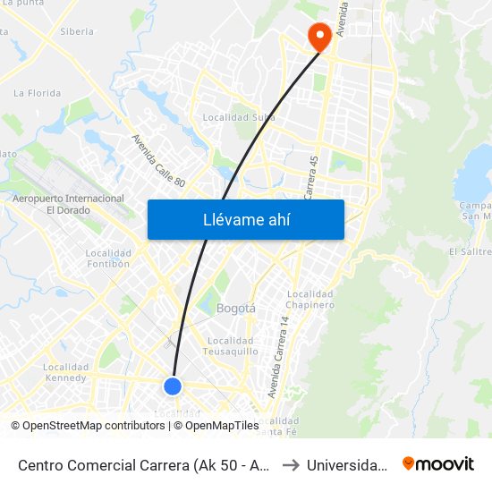 Centro Comercial Carrera (Ak 50 - Av. Américas) to Universidad Ecci map