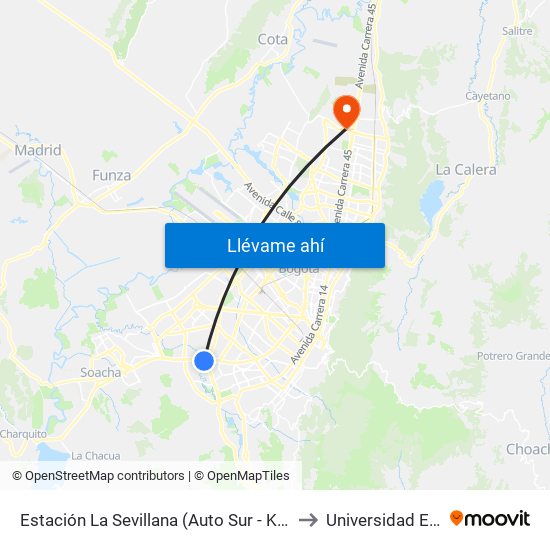 Estación La Sevillana (Auto Sur - Kr 60) to Universidad Ecci map