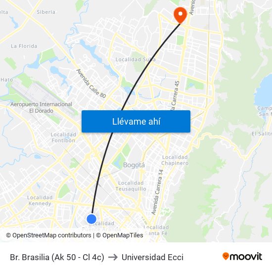 Br. Brasilia (Ak 50 - Cl 4c) to Universidad Ecci map