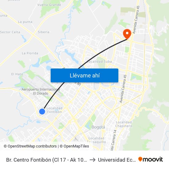 Br. Centro Fontibón (Cl 17 - Ak 100) to Universidad Ecci map