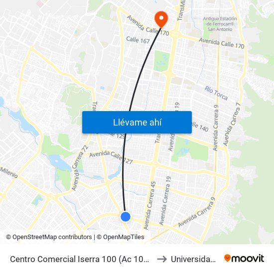 Centro Comercial Iserra 100 (Ac 100 - Tv 55) (A) to Universidad Ecci map