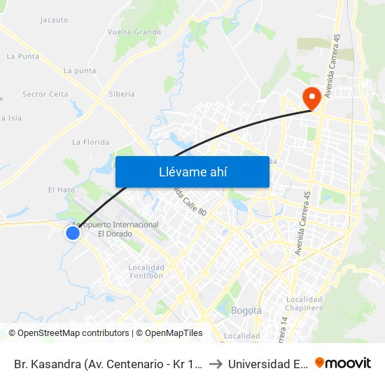 Br. Kasandra (Av. Centenario - Kr 134a) to Universidad Ecci map