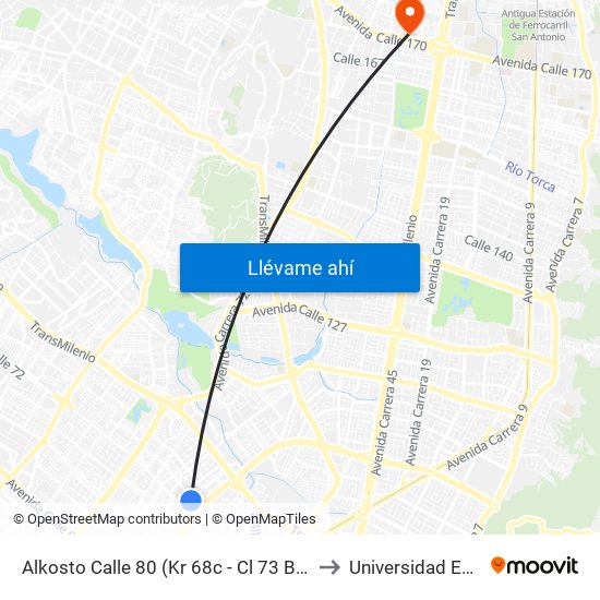Alkosto Calle 80 (Kr 68c - Cl 73 Bis) to Universidad Ecci map