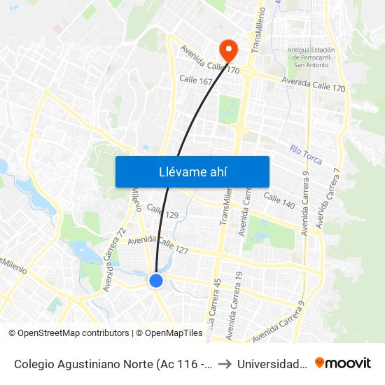 Colegio Agustiniano Norte (Ac 116 - Av. Suba) to Universidad Ecci map