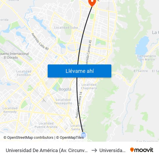 Universidad De América (Av. Circunvalar - Cl 19a) to Universidad Ecci map