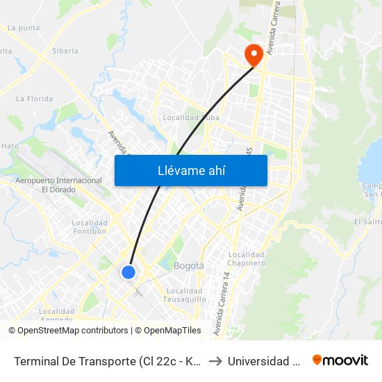 Terminal De Transporte (Cl 22c - Kr 68f) to Universidad Ecci map