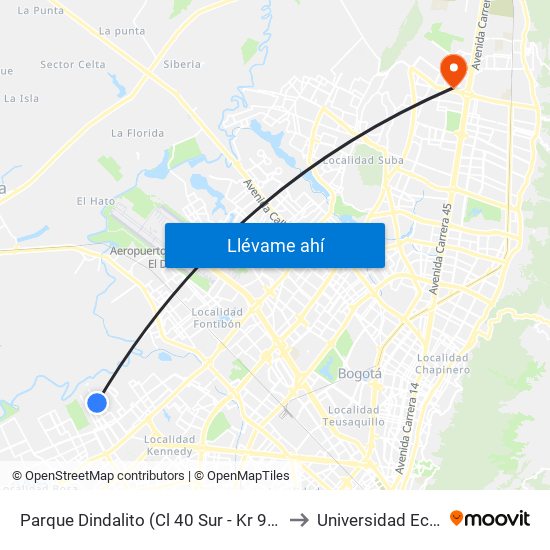 Parque Dindalito (Cl 40 Sur - Kr 96) to Universidad Ecci map