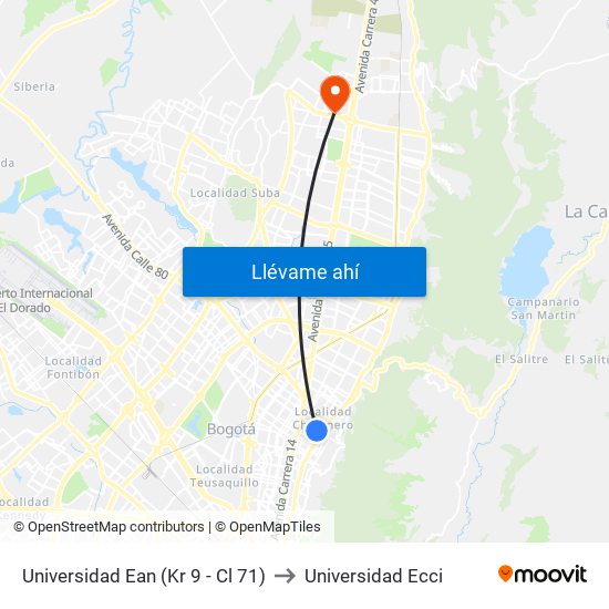 Universidad Ean (Kr 9 - Cl 71) to Universidad Ecci map