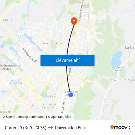 Carrera 9 (Kr 9 - Cl 73) to Universidad Ecci map