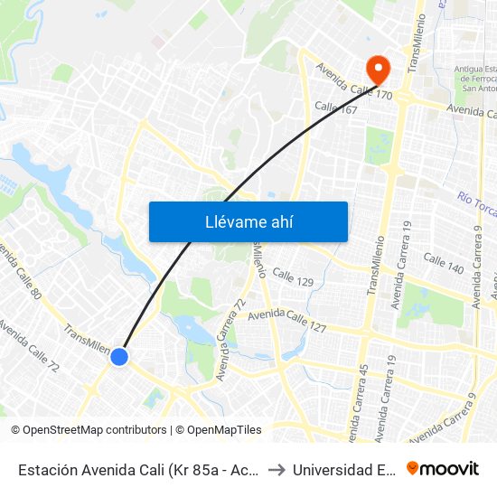 Estación Avenida Cali (Kr 85a - Ac 80) to Universidad Ecci map