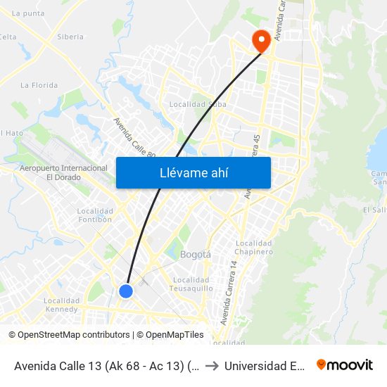 Avenida Calle 13 (Ak 68 - Ac 13) (A) to Universidad Ecci map