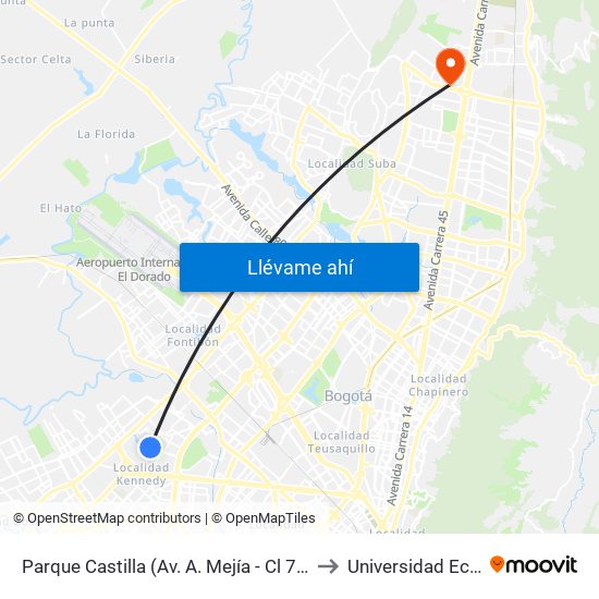 Parque Castilla (Av. A. Mejía - Cl 7c) to Universidad Ecci map