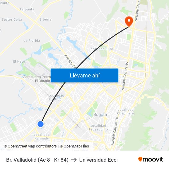 Br. Valladolid (Ac 8 - Kr 84) to Universidad Ecci map