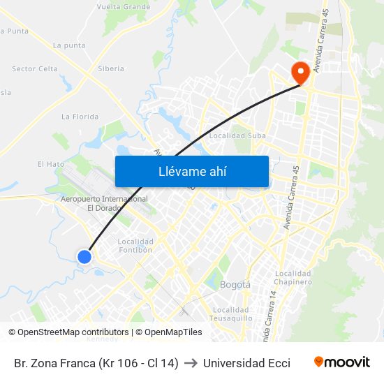 Br. Zona Franca (Kr 106 - Cl 14) to Universidad Ecci map