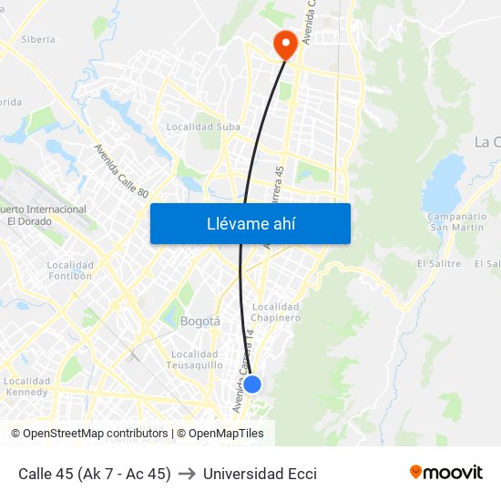 Calle 45 (Ak 7 - Ac 45) to Universidad Ecci map