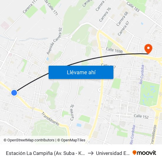 Estación La Campiña (Av. Suba - Kr 99) to Universidad Ecci map
