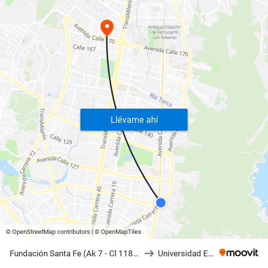 Fundación Santa Fe (Ak 7 - Cl 118) (A) to Universidad Ecci map