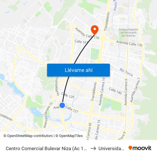 Centro Comercial Bulevar Niza (Ac 127 - Av. Suba) to Universidad Ecci map