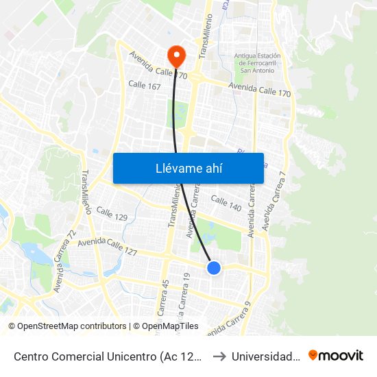 Centro Comercial Unicentro (Ac 127 - Kr 14a) to Universidad Ecci map