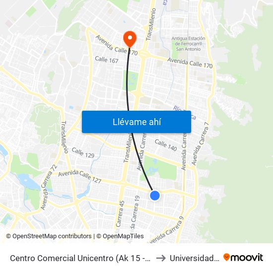 Centro Comercial Unicentro (Ak 15 - Cl 124) (A) to Universidad Ecci map