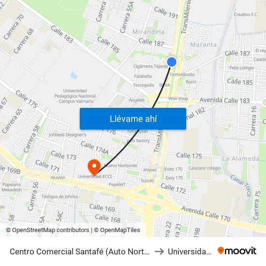 Centro Comercial Santafé (Auto Norte - Cl 187) (B) to Universidad Ecci map