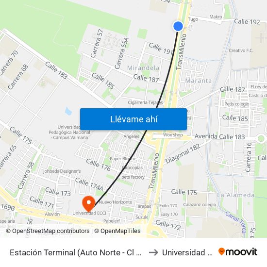 Estación Terminal (Auto Norte - Cl 191) (A) to Universidad Ecci map