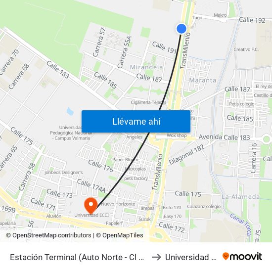 Estación Terminal (Auto Norte - Cl 191) (B) to Universidad Ecci map