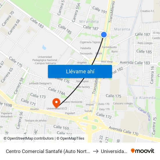 Centro Comercial Santafé (Auto Norte - Cl 187) (A) to Universidad Ecci map