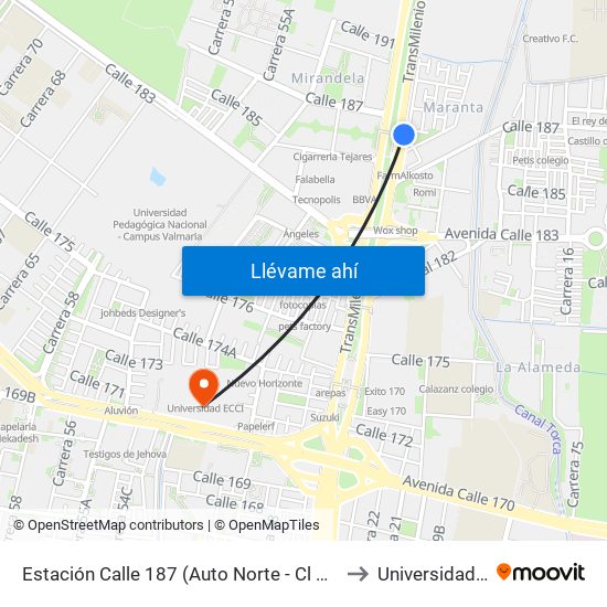 Estación Calle 187 (Auto Norte - Cl 187 Bis) (A) to Universidad Ecci map