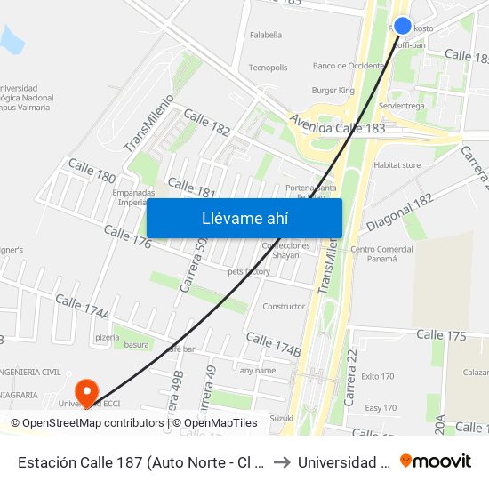 Estación Calle 187 (Auto Norte - Cl 187) (B) to Universidad Ecci map
