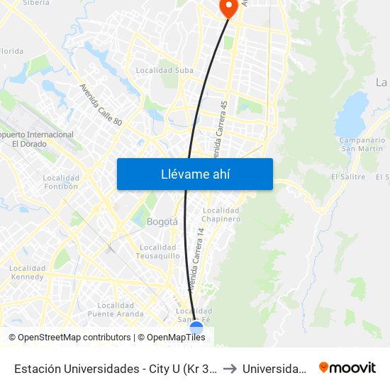 Estación Universidades (Kr 3 - Cl 20) (B) to Universidad Ecci map