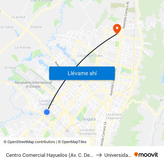 Centro Comercial Hayuelos (Av. C. De Cali - Cl 20) (B) to Universidad Ecci map