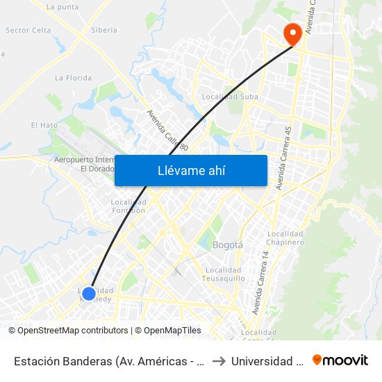 Estación Banderas (Av. Américas - Kr 79b) to Universidad Ecci map