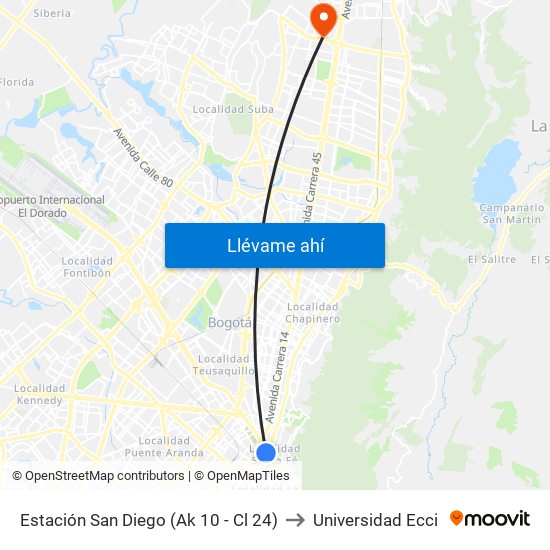 Estación San Diego (Ak 10 - Cl 24) to Universidad Ecci map