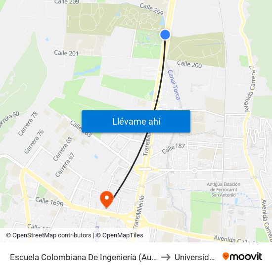 Escuela Colombiana De Ingeniería (Auto Norte - Cl 205) to Universidad Ecci map