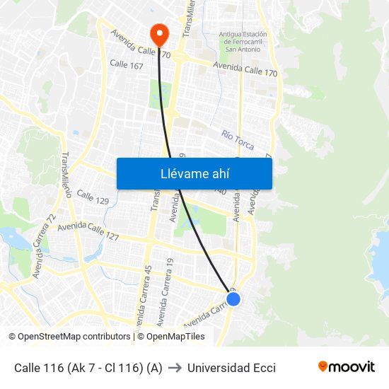Calle 116 (Ak 7 - Cl 116) (A) to Universidad Ecci map
