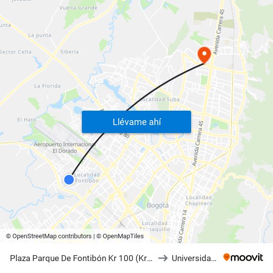 Plaza Parque De Fontibón Kr 100 (Kr 100 - Cl 17a) to Universidad Ecci map