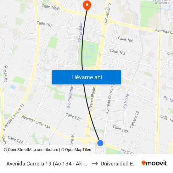Avenida Carrera 19 (Ac 134 - Ak 19) to Universidad Ecci map