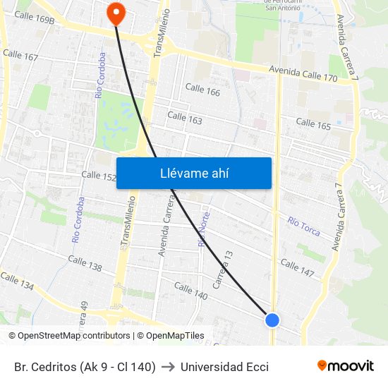 Br. Cedritos (Ak 9 - Cl 140) to Universidad Ecci map