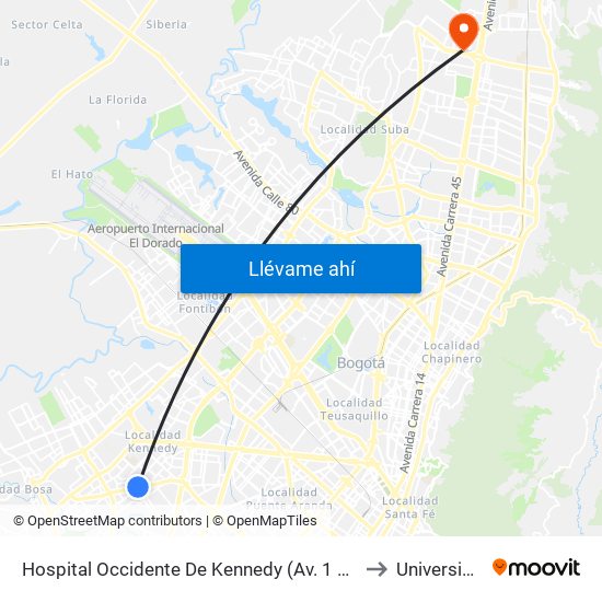 Hospital Occidente De Kennedy (Av. 1 De Mayo - Cl 40b Sur) (B) to Universidad Ecci map