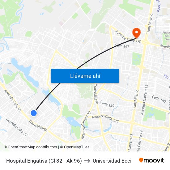 Hospital Engativá (Cl 82 - Ak 96) to Universidad Ecci map