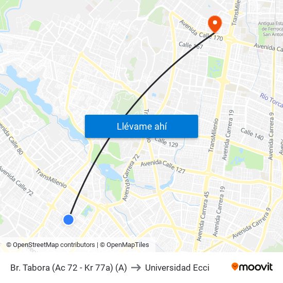 Br. Tabora (Ac 72 - Kr 77a) (A) to Universidad Ecci map