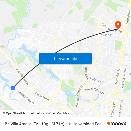 Br. Villa Amalia (Tv 110g - Cl 71c) to Universidad Ecci map