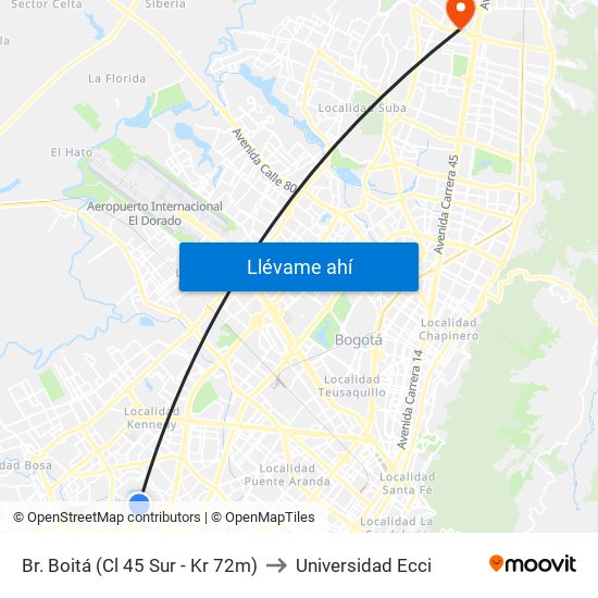 Br. Boitá (Cl 45 Sur - Kr 72m) to Universidad Ecci map