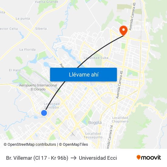 Br. Villemar (Cl 17 - Kr 96b) to Universidad Ecci map