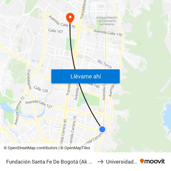 Fundación Santa Fe De Bogotá (Ak 9 - Cl 117a) to Universidad Ecci map