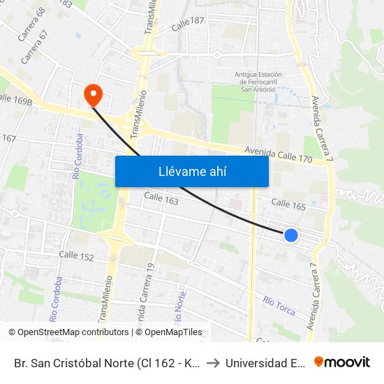 Br. San Cristóbal Norte (Cl 162 - Kr 8) to Universidad Ecci map