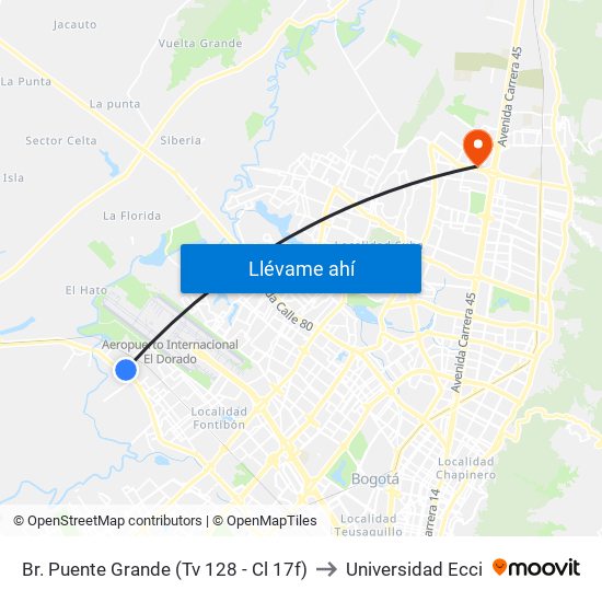 Br. Puente Grande (Tv 128 - Cl 17f) to Universidad Ecci map